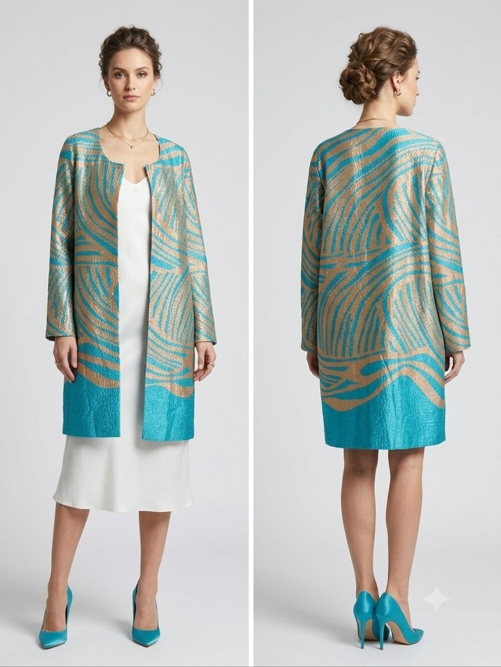 Chico's Teal Textured Travel Jacket with‎ Gold Accents Size 1